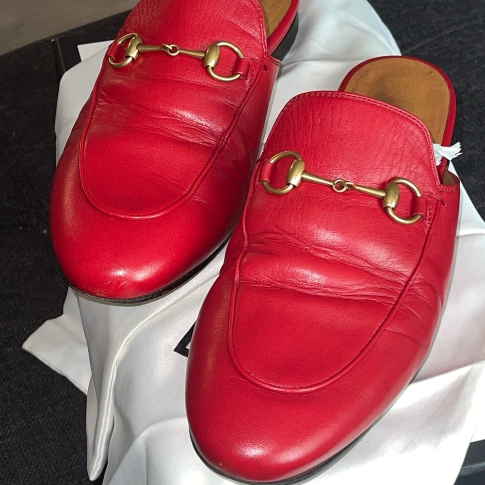 Gucci Red Leather Loafers with Gold Hardware